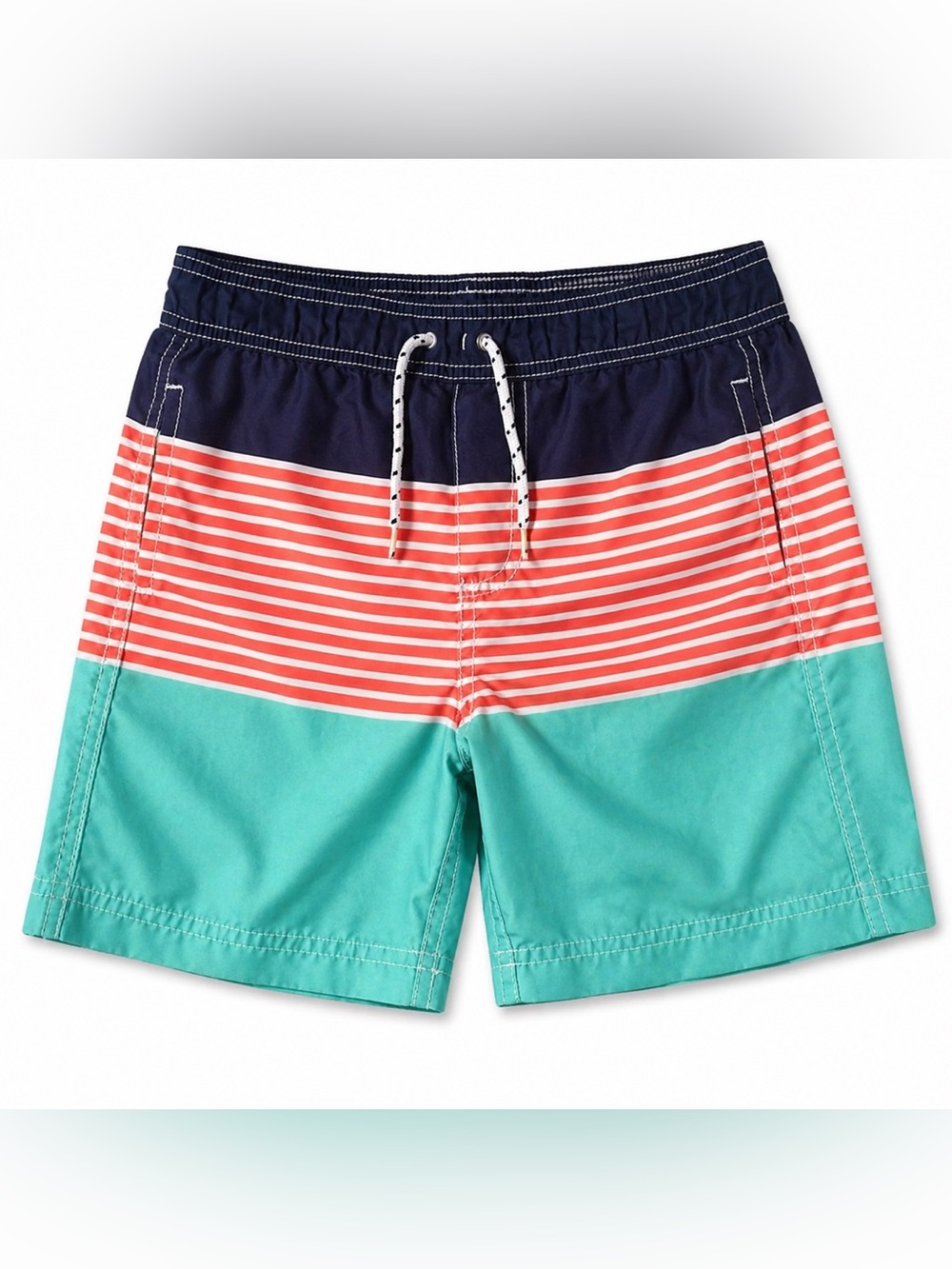 Boys Carter’s Swim Trunks Sz. 7 Colorblock Striped Board Shorts Blue Coral Green